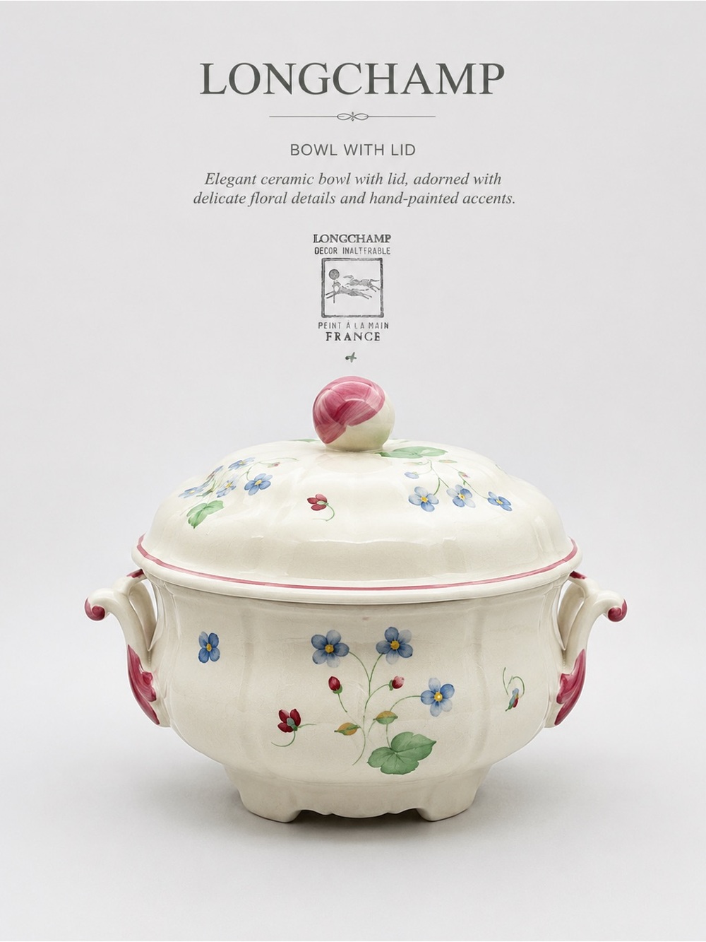 Longchamp Perouges French Hand-Painted Porcelain Round Tureen with Lid